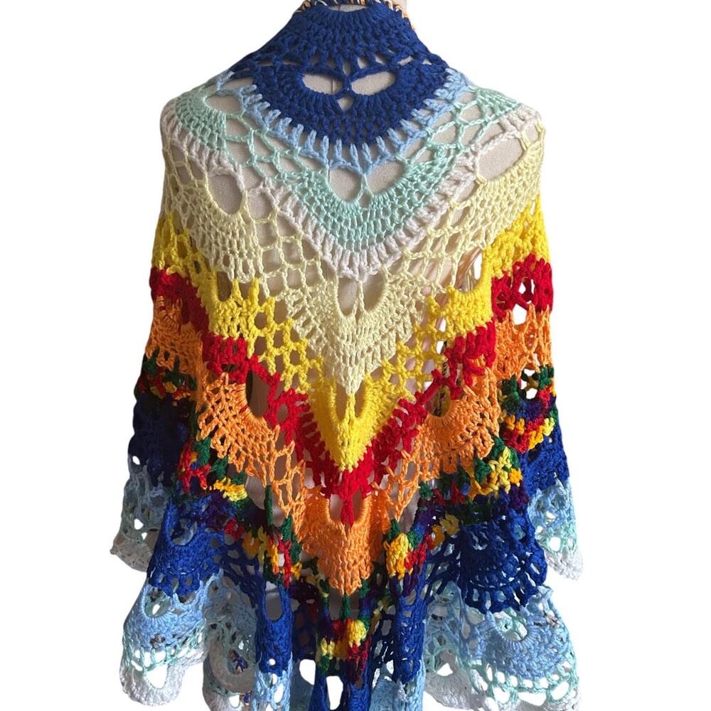 Handmade Crochet Shawl Rainbow Lace Wrap Boho Festival Colorful Open Knit Shawl